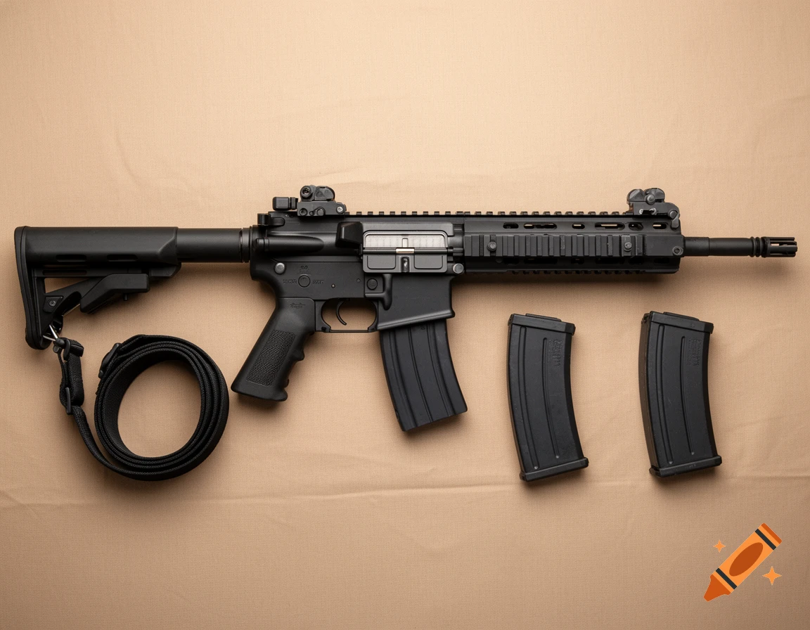 AR-15 assault rifle with a black sling and two magazines laid flat on a beige background, photorealistic, top-down view.