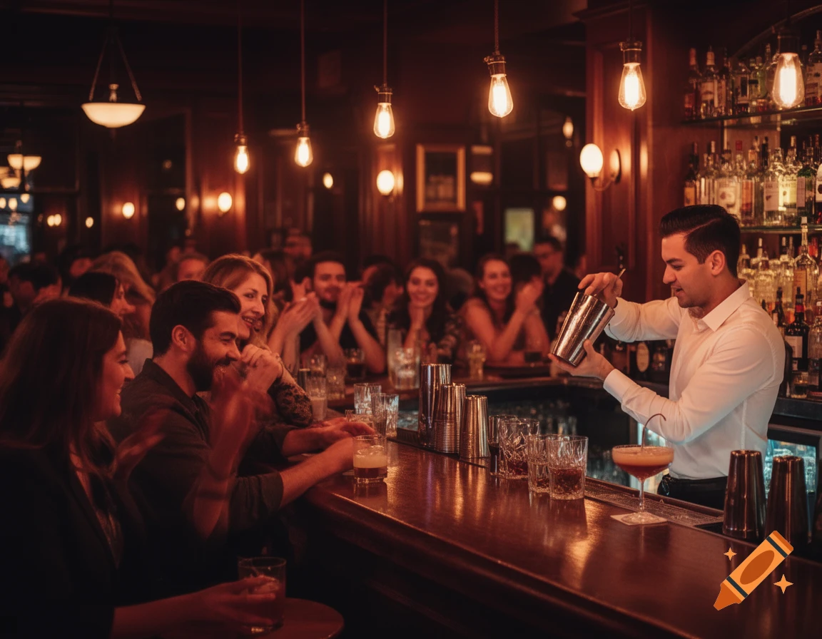 A bartender in a white shirt shakes a cocktail for customers at a dark, lively bar with warm lighting.