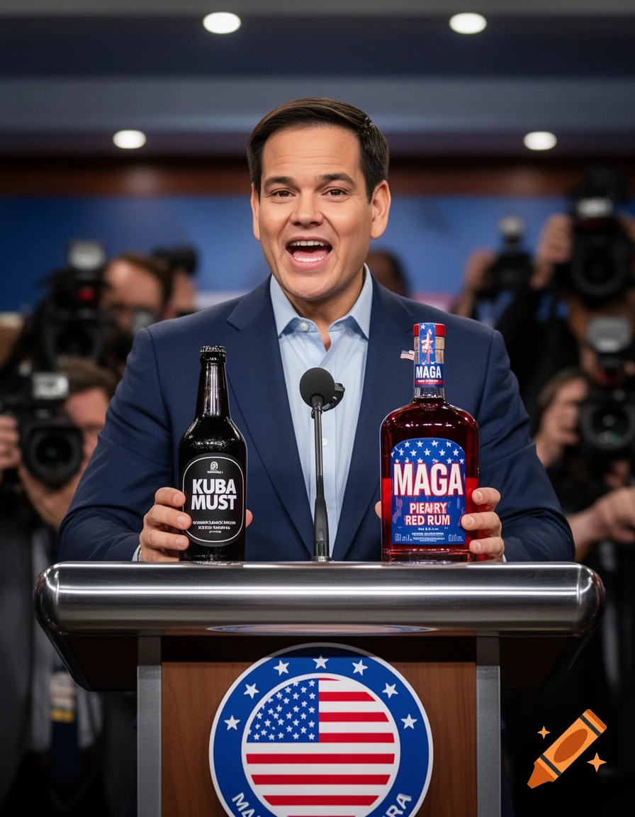 A smiling Marco Rubio stands at a podium, holding up a black bottle labeled "KUBA MUST" and a red bottle with "MAGA PIEARY RED RUM" on the label. A US flag emblem is on the podium.