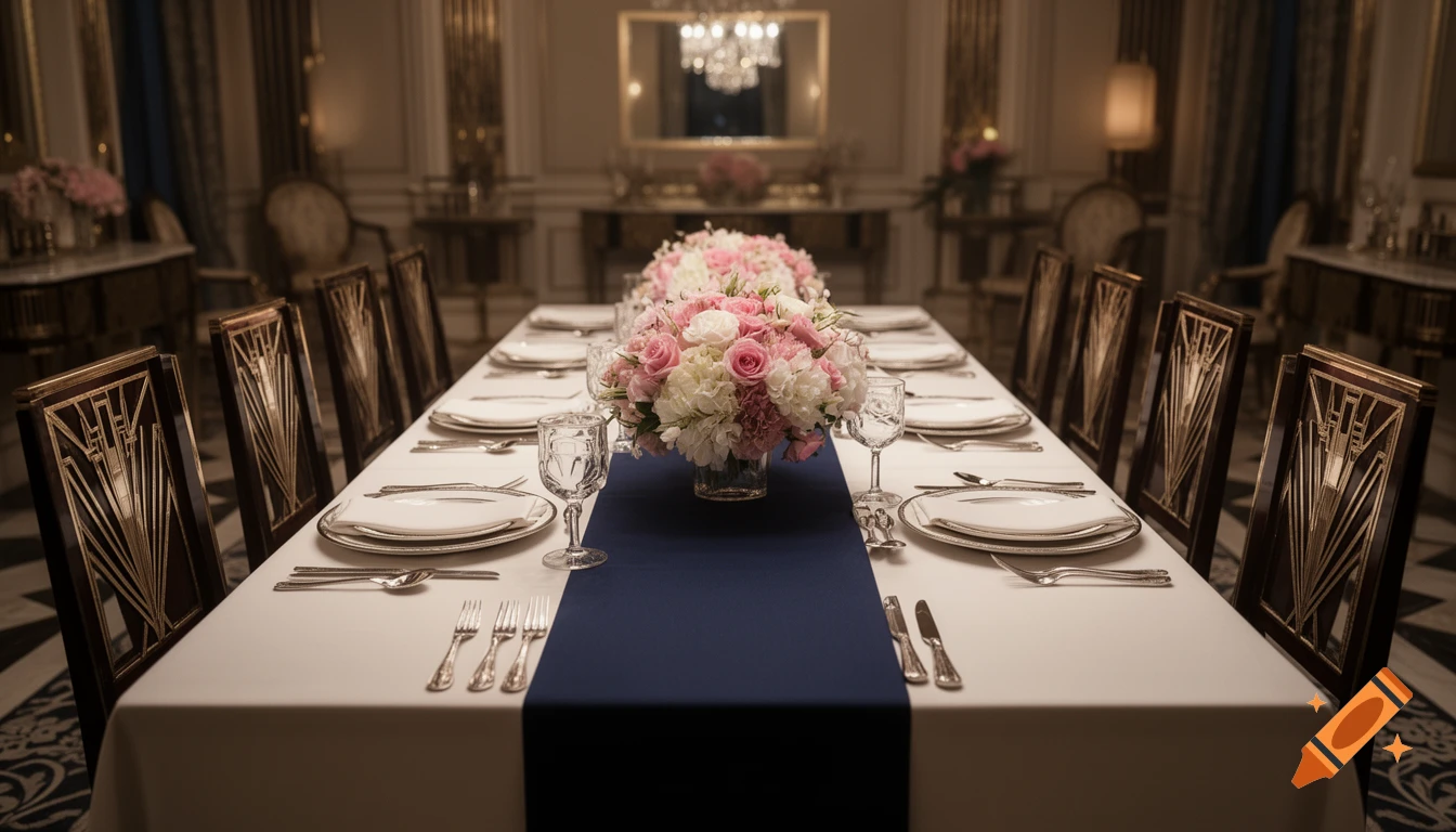 An elegant Art Deco dining room with a long table set with a white tablecloth, a dark blue runner, pink and white flower arrangements, and ornate chairs.