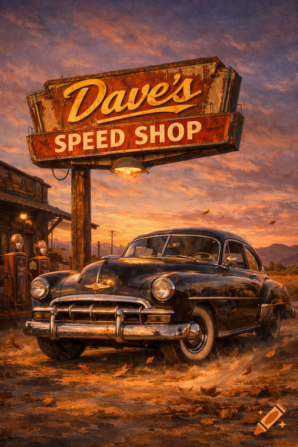 A vintage black car is parked under a rustic sign for Dave's Speed Shop at sunset.