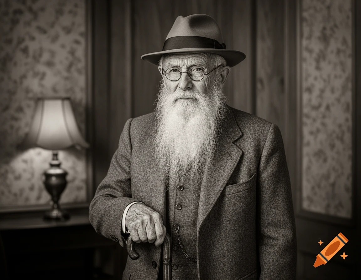 Black and white portrait of a wise-looking old man with a long white ...