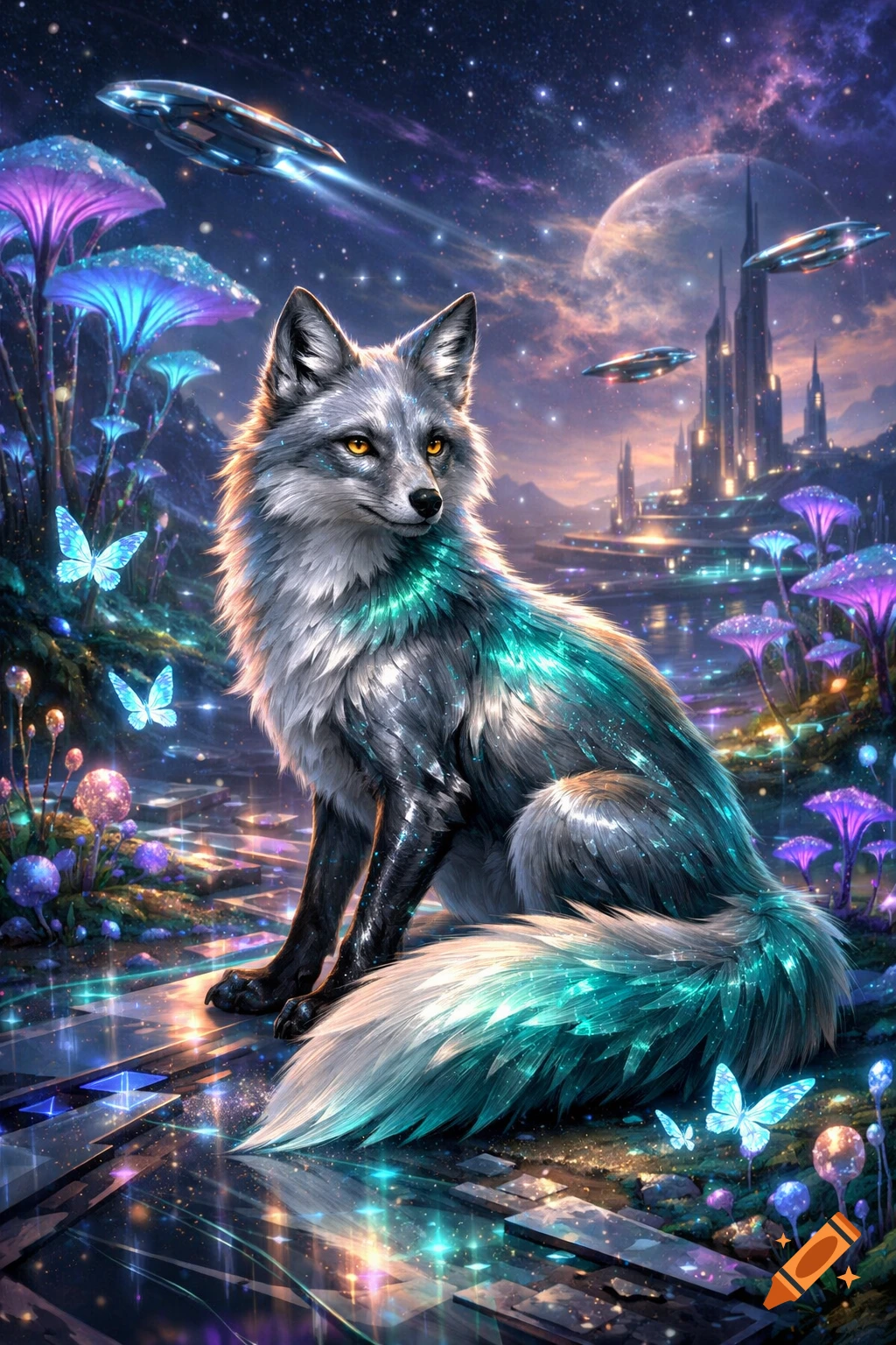 A futuristic silver fox with shimmering teal fur sits in a vibrant alien landscape with glowing mushrooms, butterflies, UFOs, and a distant city under a starry sky.