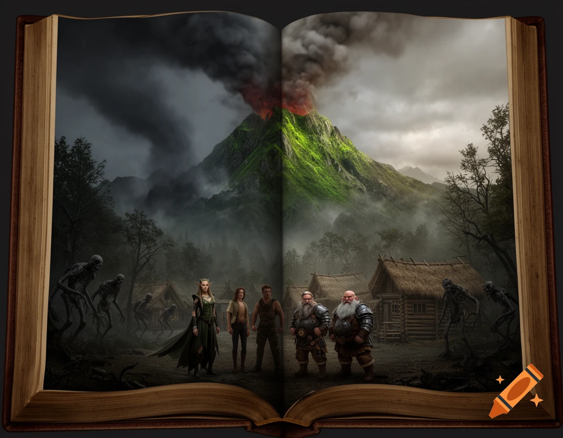 Detailed fantasy art inside an open book depicting an elf, two humans, and two dwarves facing skeletal monsters in a village below a smoking volcano.