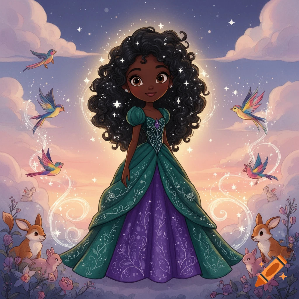 A cartoon princess with dark curly hair wears a green and purple gown, glowing under a starry sky with birds and rabbits.