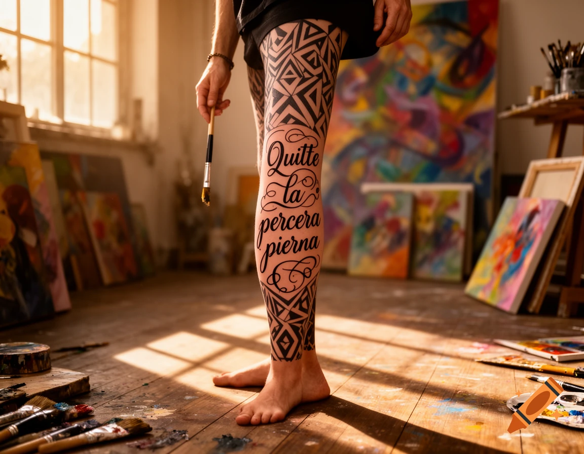Leg with intricate tribal and script tattoos, holding a paintbrush in an artist's studio.