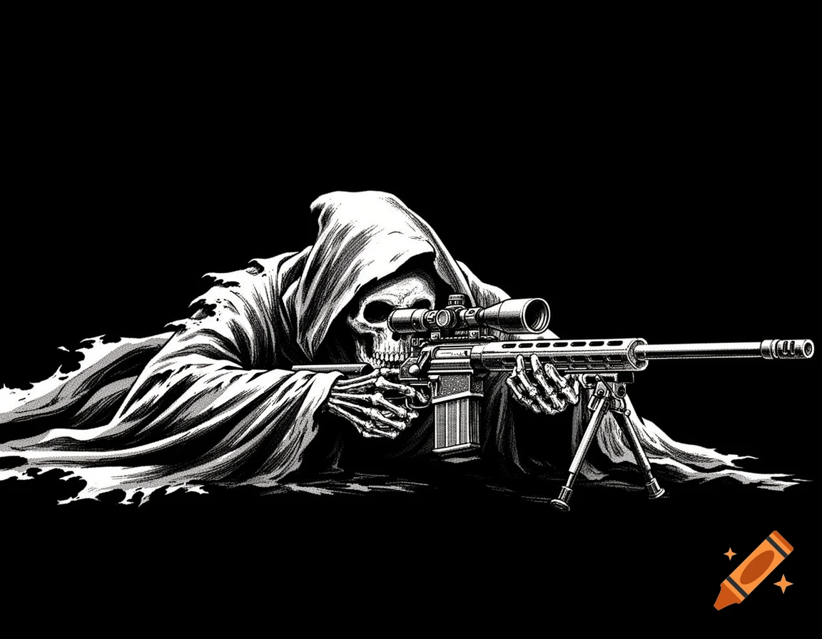 Black and white halftone illustration of a Grim Reaper in a hooded robe, prone, aiming a sniper rifle.