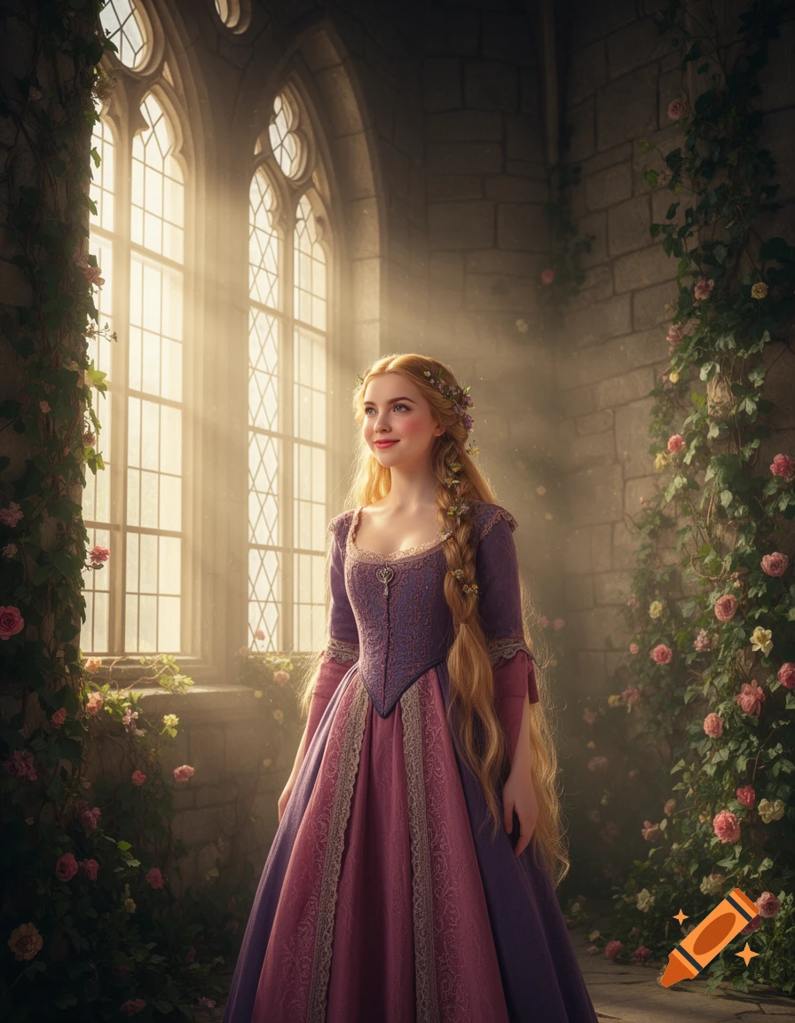 A young woman in a purple and pink medieval dress with long golden hair stands in a stone tower, gazing towards sunlight streaming through arched windows adorned with ivy and roses.