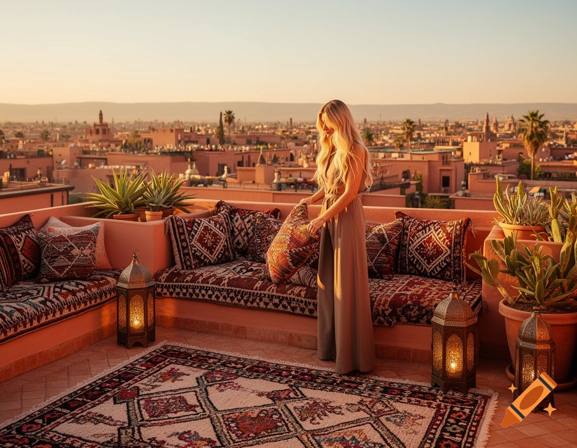 A blonde woman adjusts a patterned pillow on a Moroccan-style rooftop terrace overlooking a terracotta city at sunset, with ornate rugs and lanterns.