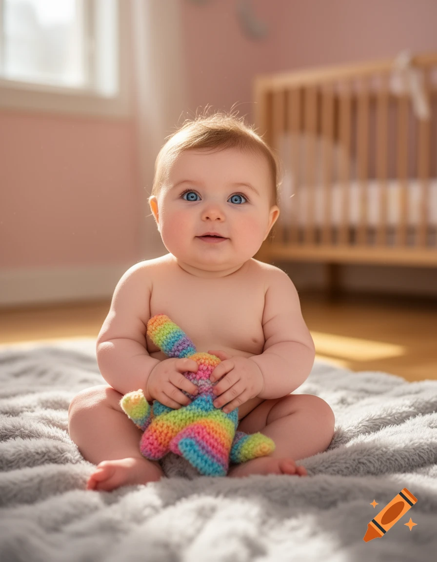 A cute baby with blue eyes sits on a gray blanket, holding a rainbow knitted toy in a softly lit room with a crib.