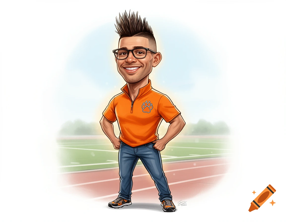 A caricature of a smiling man with spiky hair and glasses, wearing an orange shirt with a tiger paw logo and jeans, standing on a running track.
