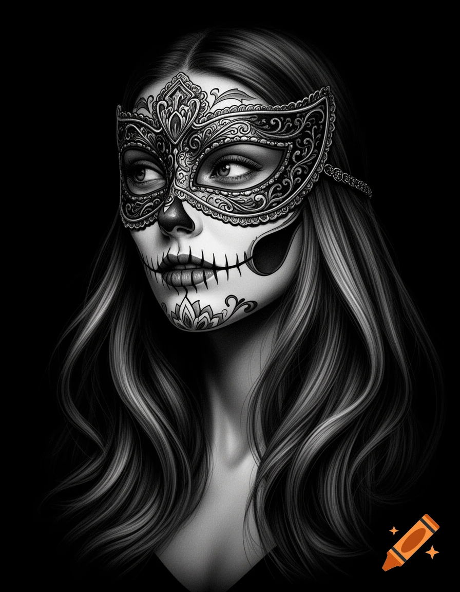 Highly detailed black and white portrait of a woman with sugar skull makeup and an ornate mask, looking sideways.