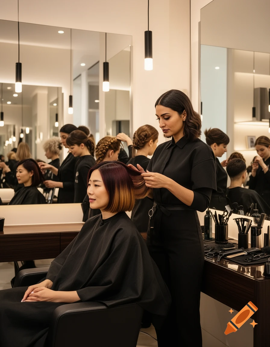 A stylist with dark hair works on a client's short, multi-toned hair in a modern hair salon.