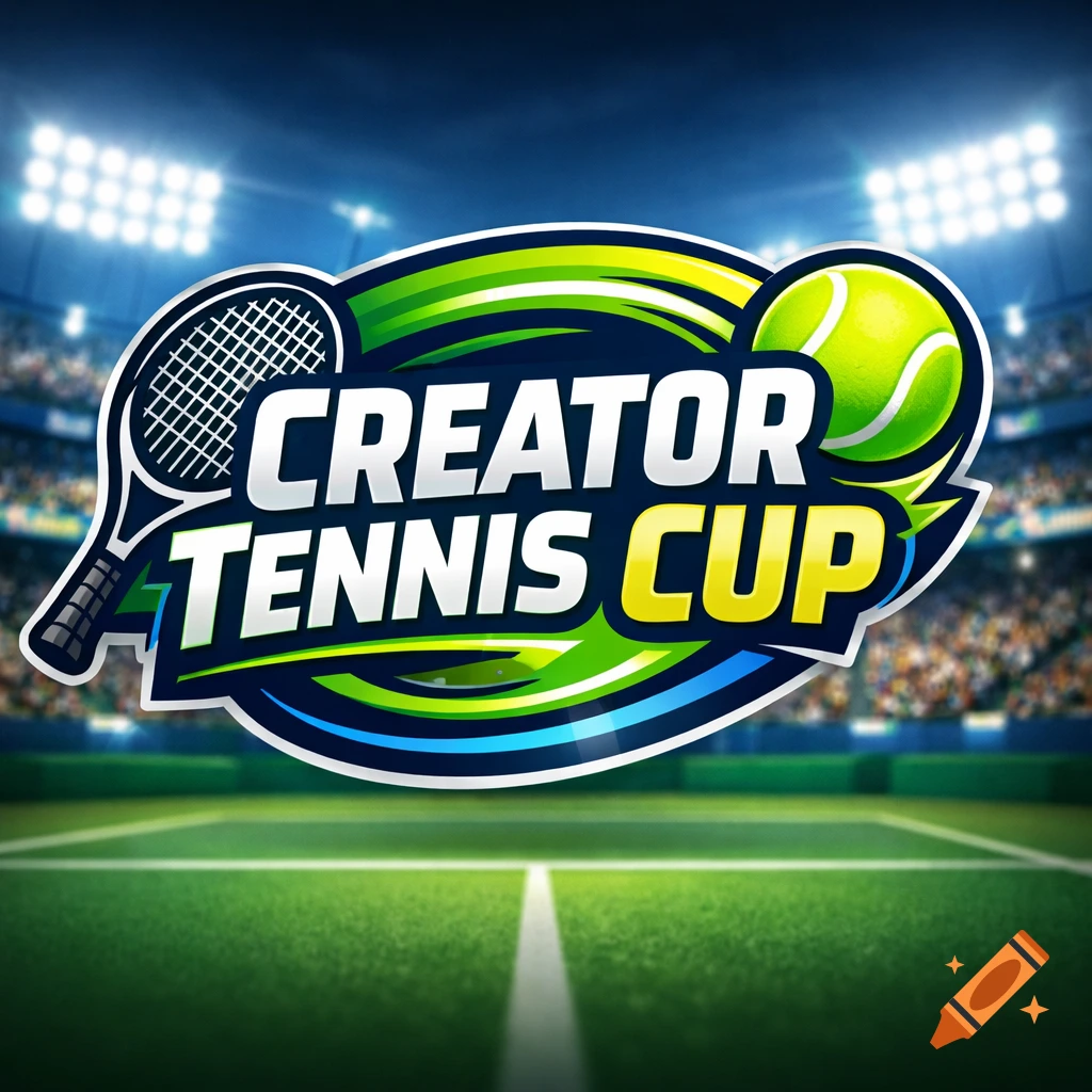 A dynamic logo for "Creator Tennis Cup" featuring a tennis racket and ball against a stadium background.