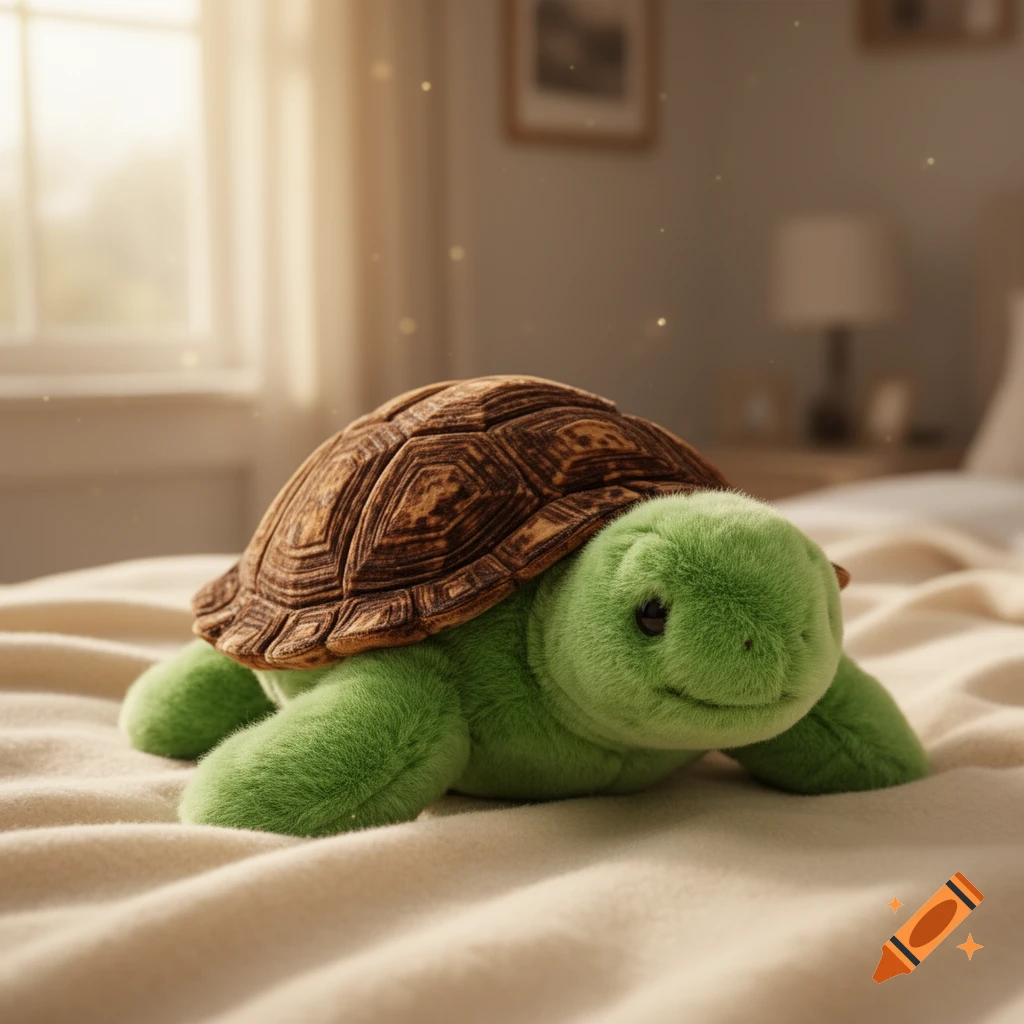 Photorealistic plush turtle with a brown shell and fuzzy green body, lying on a beige bedspread in a softly lit bedroom.