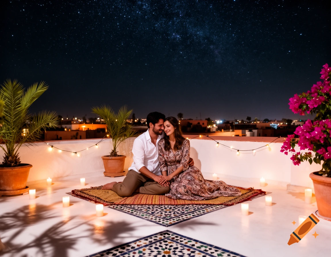 A romantic couple sits on a patterned mat on a rooftop, surrounded by string lights and candles, under a clear starry night sky overlooking a city.