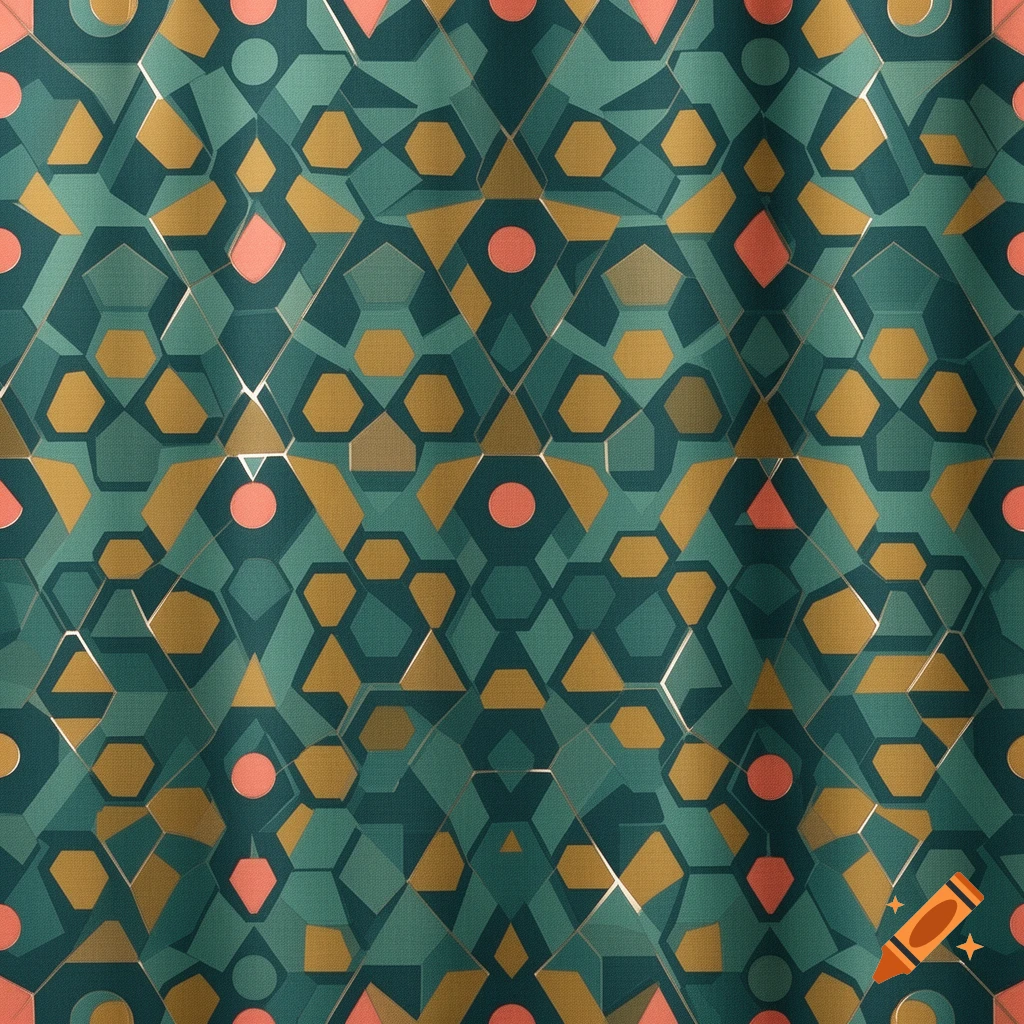 A seamless geometric pattern featuring hexagons, triangles, and circles in teal, gold, and coral tones, with subtle metallic lines.