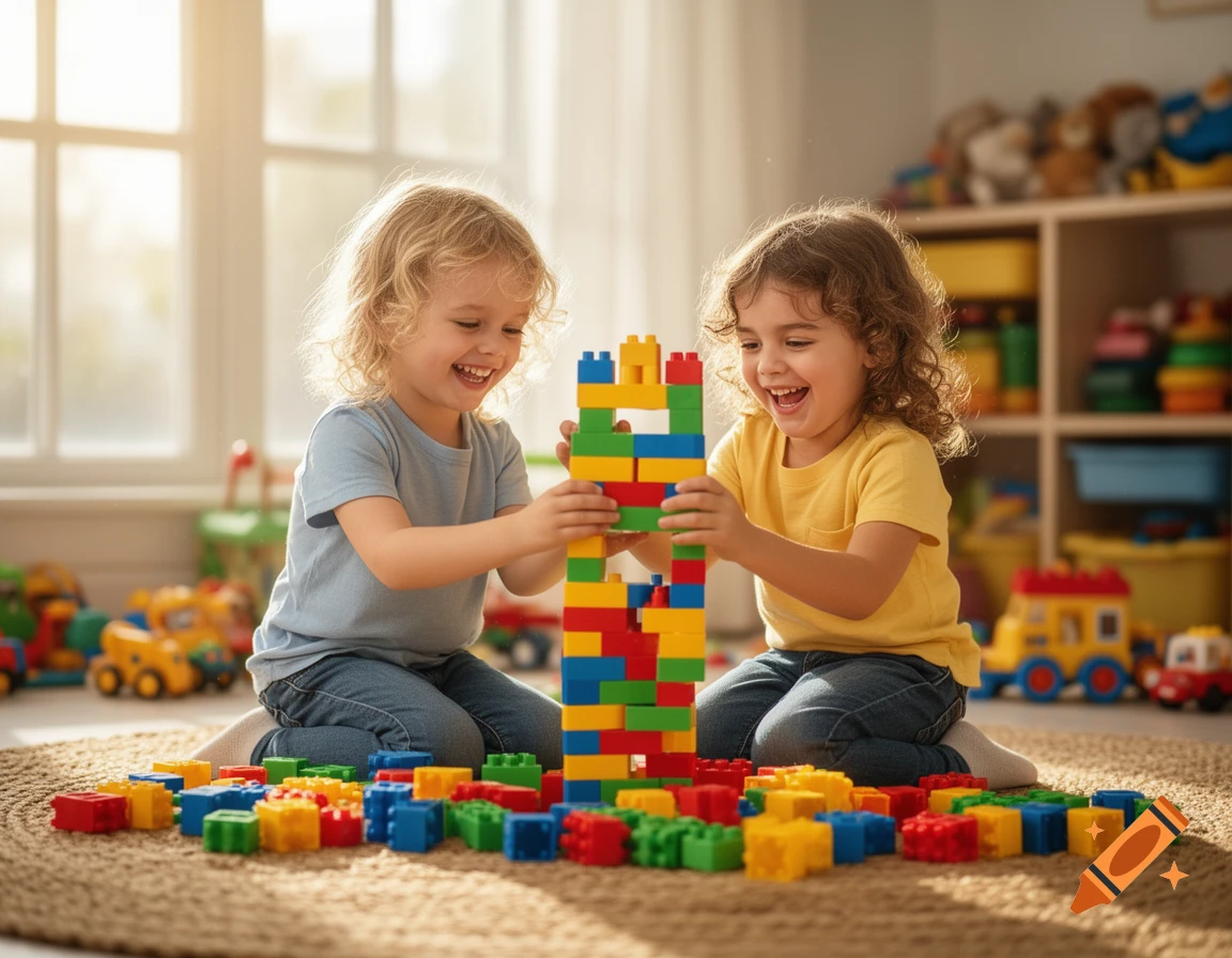 Two happy young children building a tall colorful tower with building blocks on a rug in a sunlit room filled with toys.