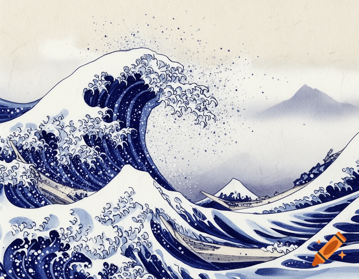 Japanese ukiyo-e style artwork of a massive blue ocean wave cresting, with small boats and a distant mountain.