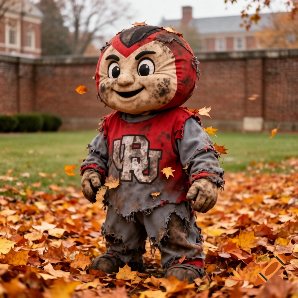 A dirty, tattered Brutus Buckeye mascot stands among fallen autumn leaves on a grassy lawn with brick buildings in the background.