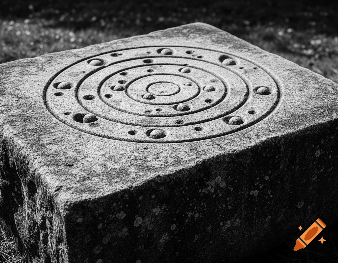 A black and white close-up of a stone block with intricate concentric circles and small carved cupules on its weathered surface.