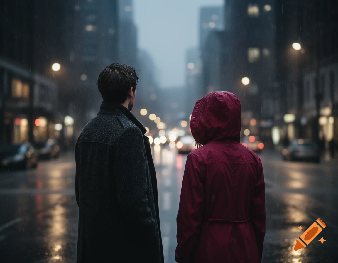 Two people stand with their backs to the viewer on a wet, rainy city street at night, looking at blurred city lights. Photorealistic.