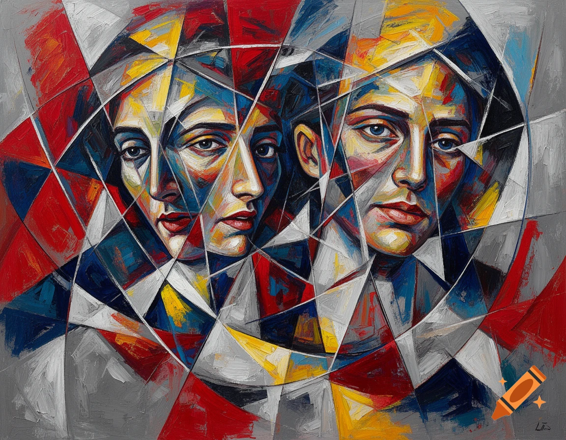 Two stylized, fragmented faces in a Cubist and Neo-Expressionist painting with bold colors and sharp lines.
