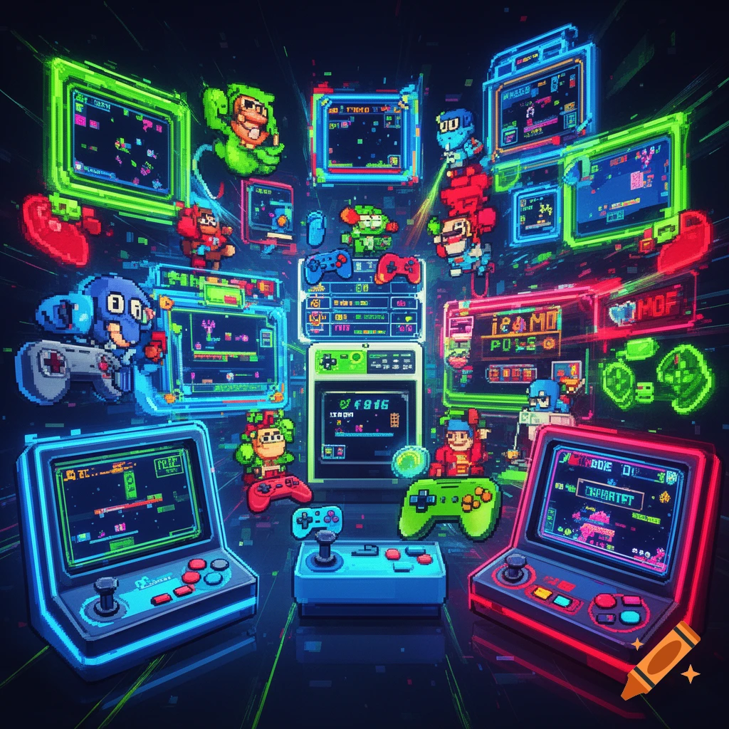 Vibrant pixel art scene featuring multiple neon-outlined retro arcade ...
