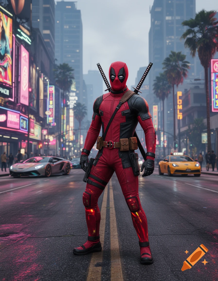 Deadpool stands in the middle of a neon-lit city street at dusk, flanked by luxury cars and skyscrapers, in a photorealistic style.