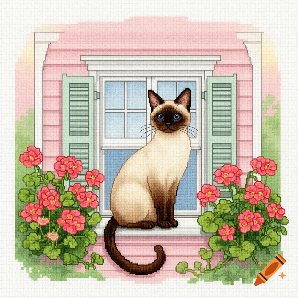 A Siamese cat with blue eyes sits on a windowsill of a pink house with green shutters, surrounded by red geraniums in a cross-stitch style.