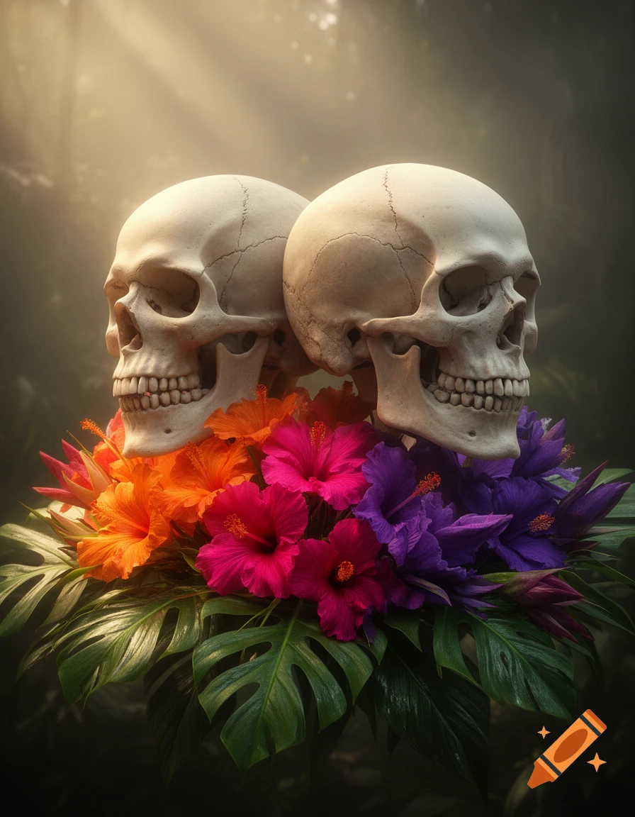 Two photorealistic skulls face away, surrounded by vibrant tropical flowers and leaves in a misty jungle setting.