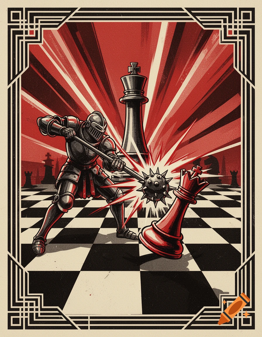 Art Deco propaganda poster of an armored knight striking a red queen chess piece with a mace on a chessboard, a black king stands behind.