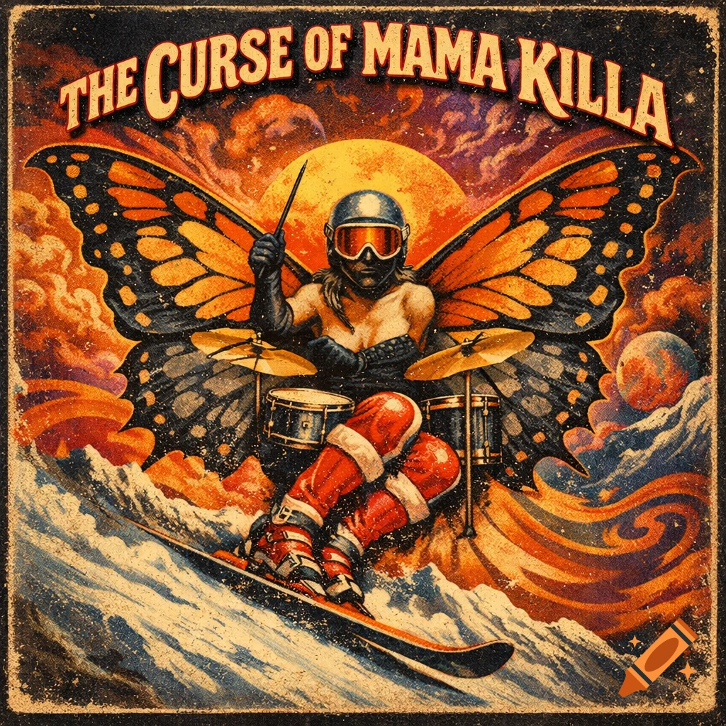 A psychedelic album cover featuring a woman with butterfly wings, wearing a helmet and ski goggles, drumming while snowboarding down a snowy slope under a full sun. Text reads "THE CURSE OF MAMA KILLA".