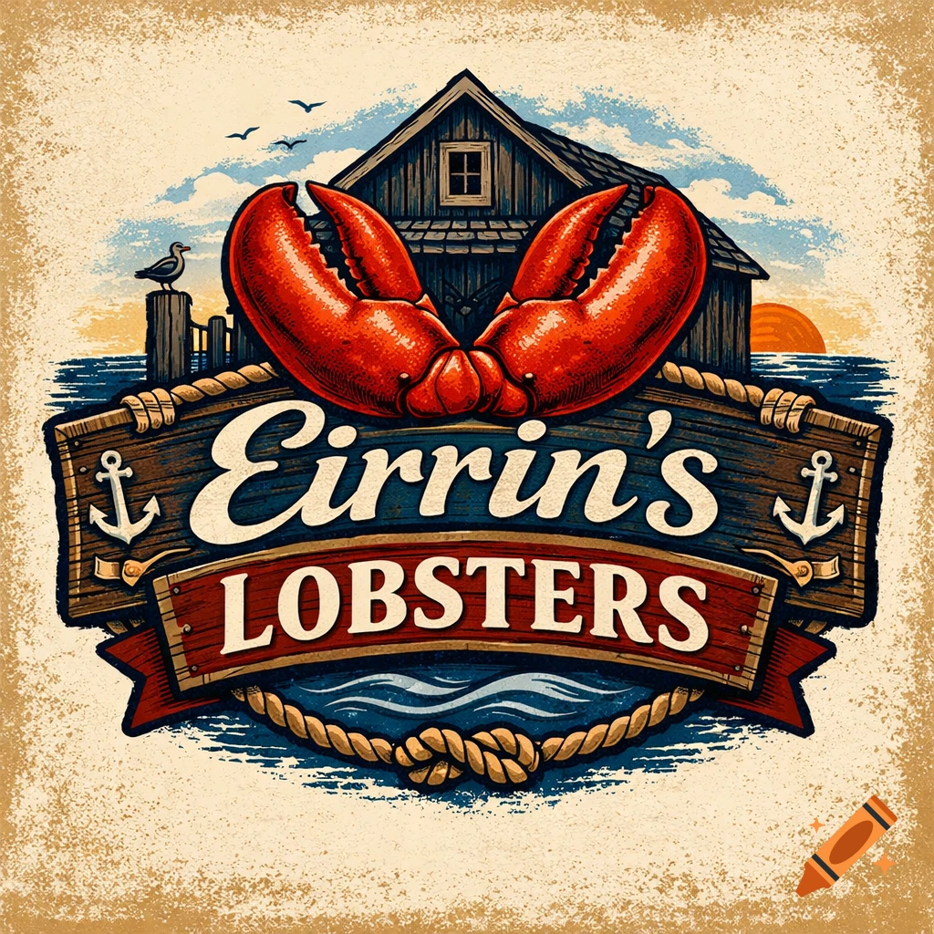 A vintage-style logo for Eirrin's Lobsters, featuring large red lobster claws, a fishing hut, and a wooden sign with rope and anchors.