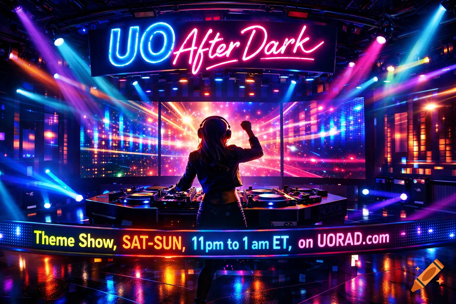 A DJ performs at a vibrant nightclub, surrounded by colorful neon lights and a scrolling marquee with event details.