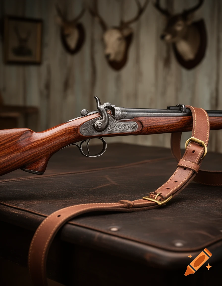 An ornate rifle with a wooden stock and engraved metal, with a brown leather strap, resting on a dark leather surface. Blurred deer trophies are in the background.