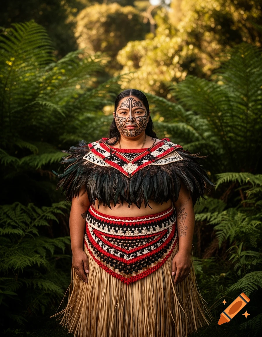 A New Zealand Maori woman in ceremonial feathered and woven dress, with intricate facial tattoos, stands among lush green ferns.