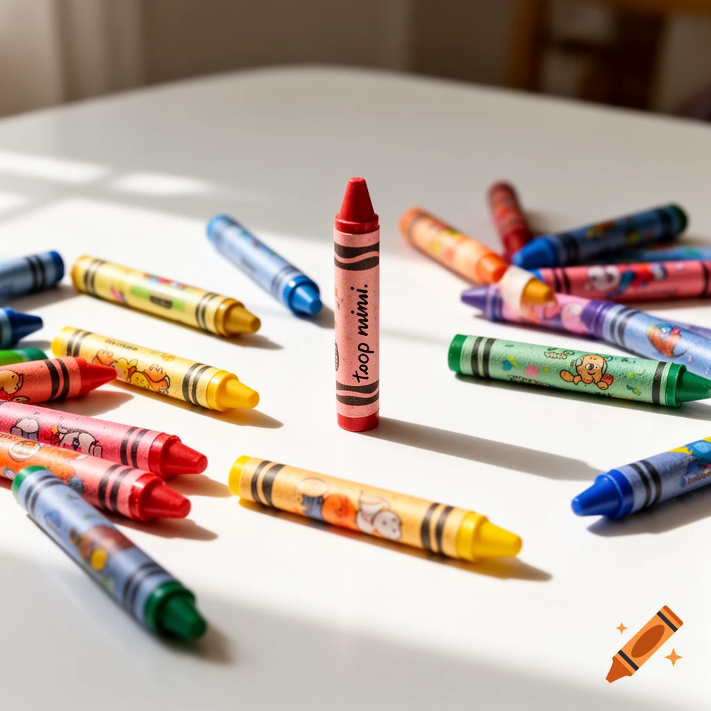 A red crayon stands upright amidst scattered colorful crayons on a white surface, bathed in sunlight.