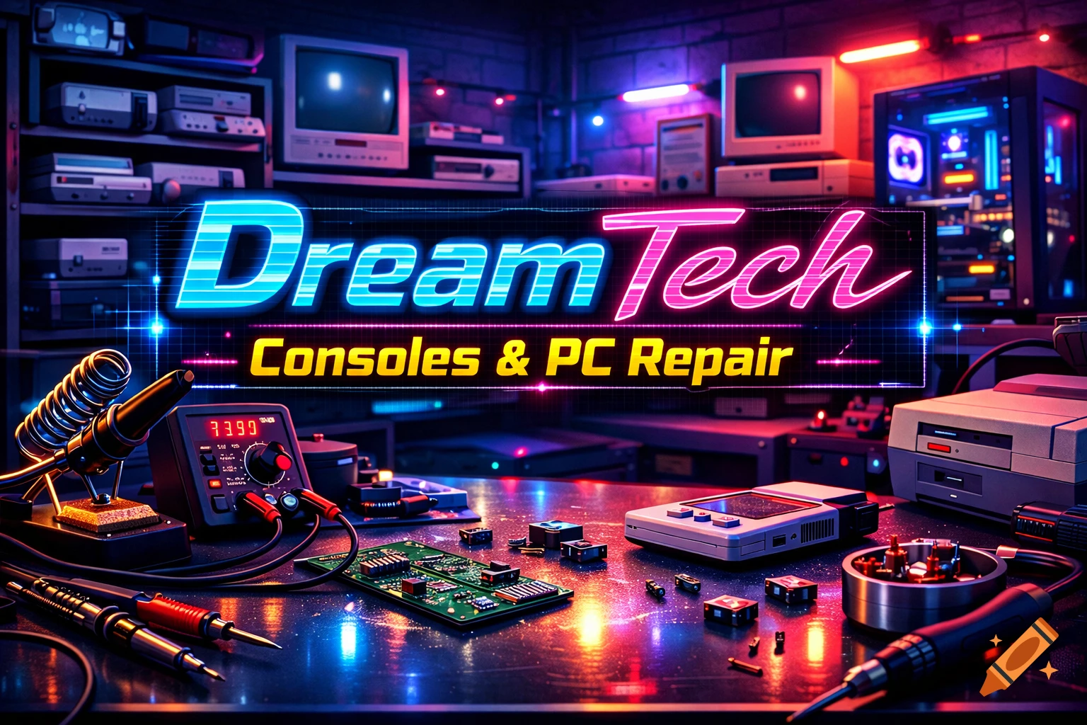 A neon-lit retro-futuristic electronics repair shop with soldering tools, circuit boards, consoles, and a 'DreamTech' sign.