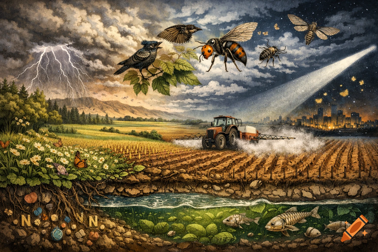A detailed cross-section illustration showing a farm field, a tractor spraying pesticides, a storm with lightning, birds, insects, and fish in an underwater ecosystem, depicting environmental impacts.