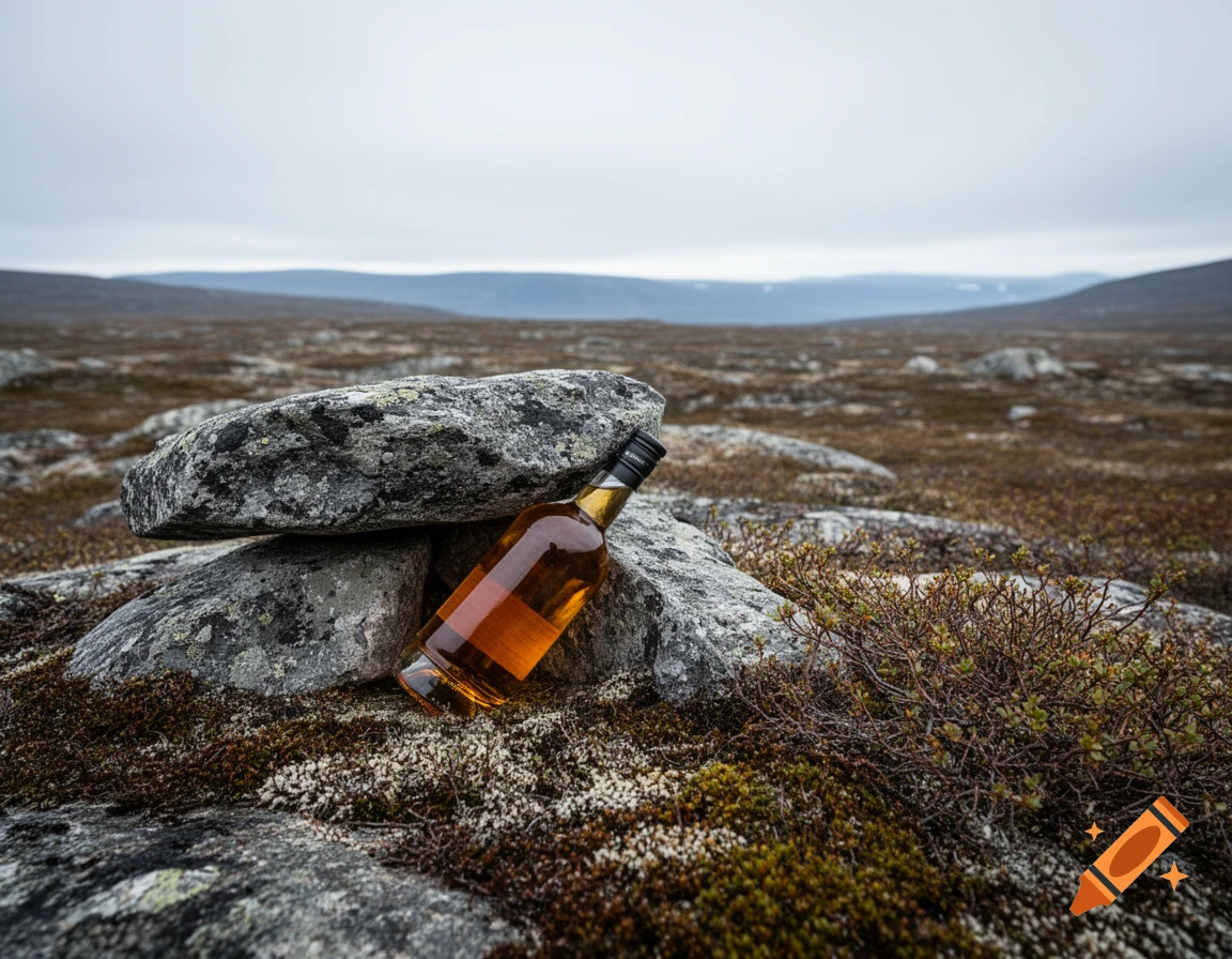 A whiskey bottle leaning against stacked rocks in a vast, mossy landscape under a cloudy sky.