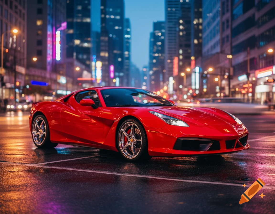 A sleek red sports car parked on a wet city street at night, with blurred city lights and skyscrapers in the background.