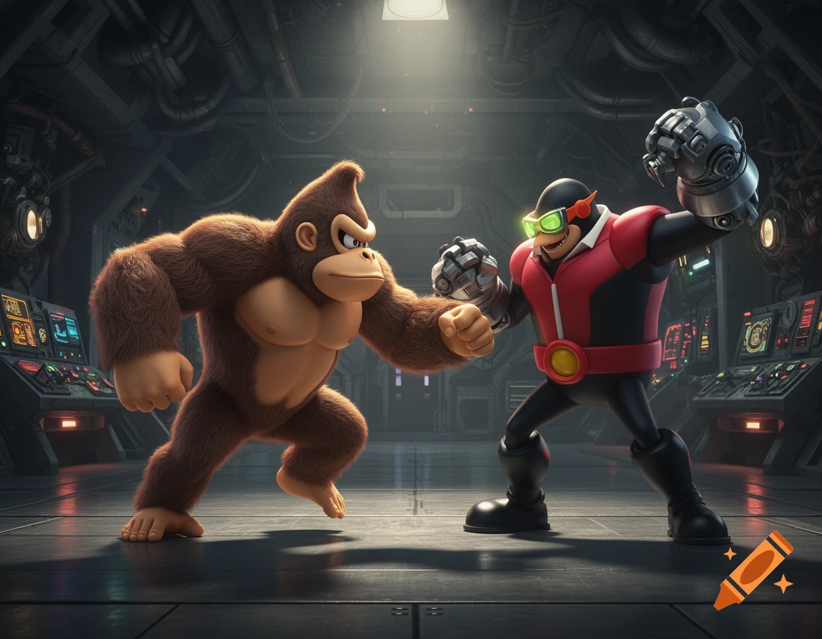 Donkey Kong faces off against a monkey-like villain in a red and black suit with robot gauntlets, in a futuristic metal room.