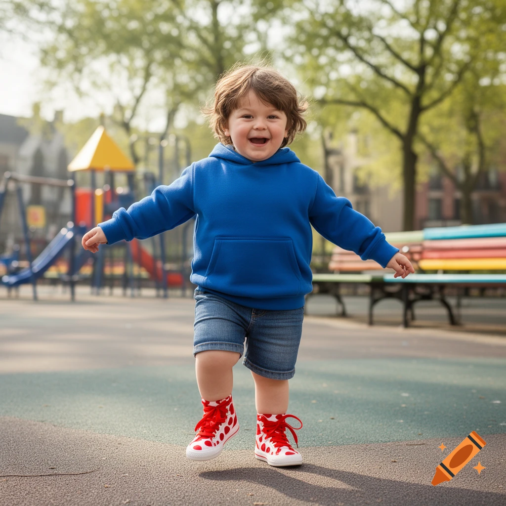 A smiling toddler in a blue hoodie and red polka dot shoes runs in a sunny park with playground equipment.