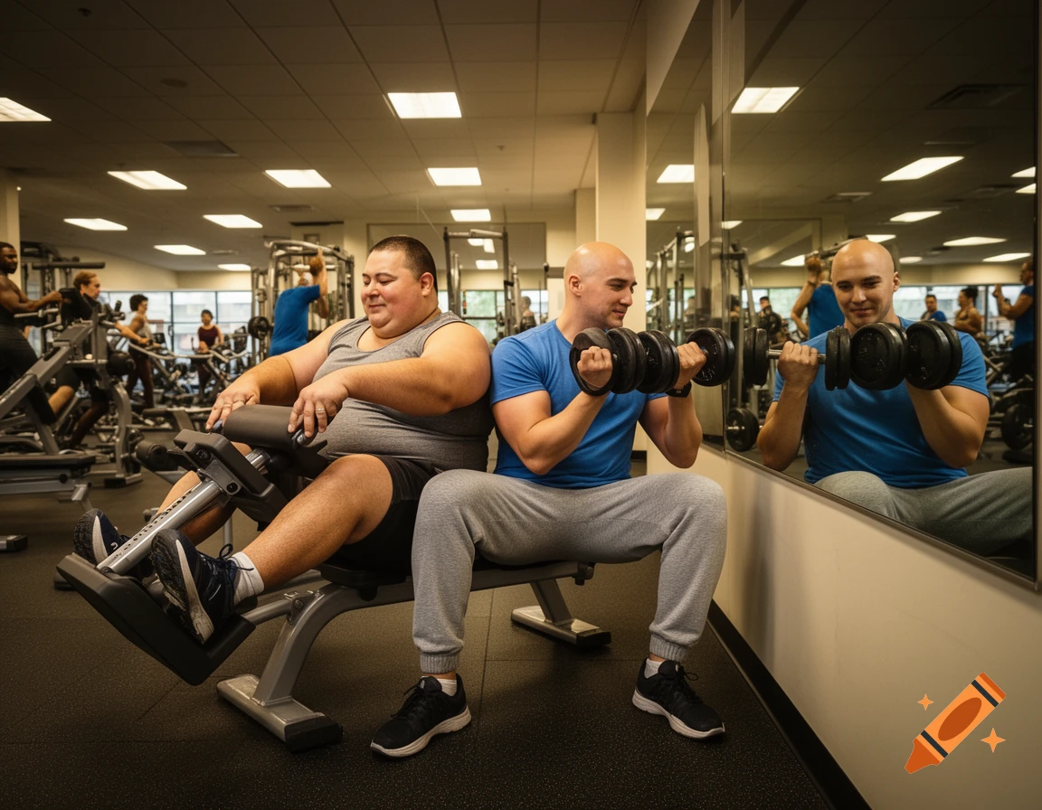 An obese man and a bald man, friends, work out together in a gym, lifting weights and using equipment.