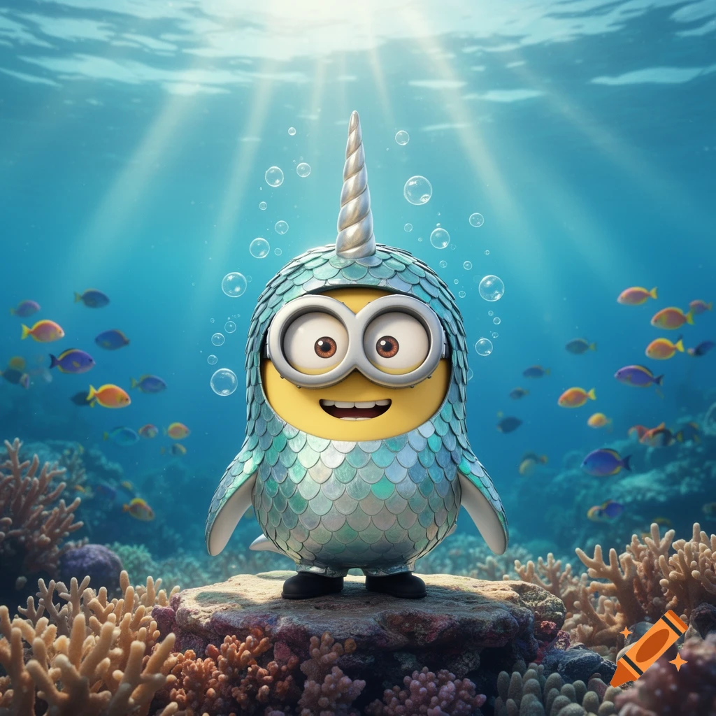 A Minion in a shimmering narwhal costume stands on coral underwater, surrounded by colorful fish and sunbeams.