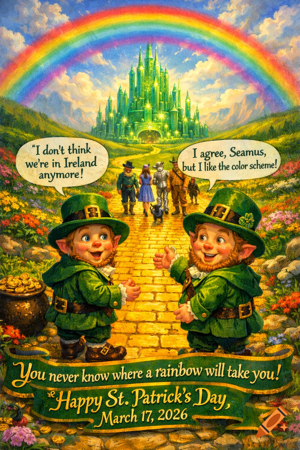 Fantasy painting of two leprechauns in Oz, with Dorothy and friends on the Yellow Brick Road, and the Emerald City under a rainbow. Speech bubbles have text.