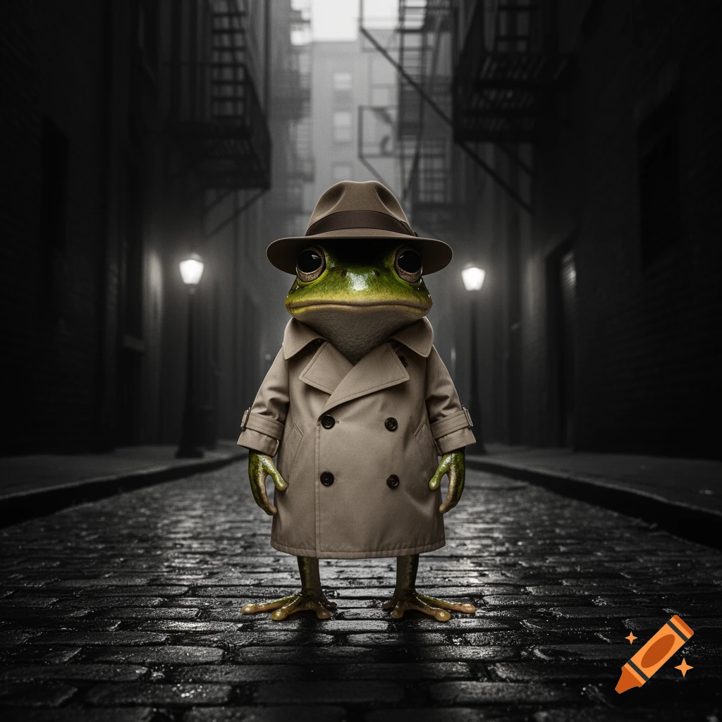 Photorealistic frog detective in a trench coat and fedora stands in a dark, wet alley at night with glowing streetlights.