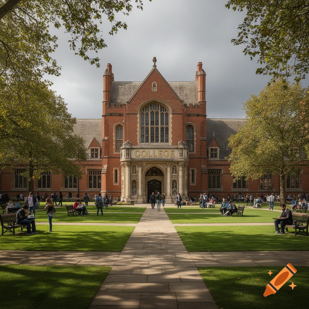Photorealistic view of a red brick college building with students on a green lawn and trees under a cloudy sky.