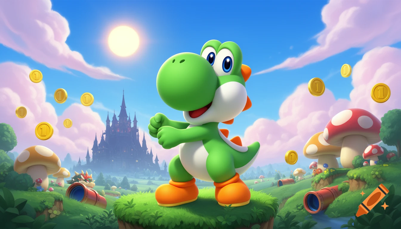 Yoshi stands happily in a vibrant Super Mario landscape with a castle, mushrooms, and floating coins under a sunny sky.